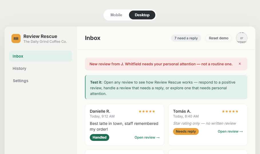 Review Rescue dashboard showing an inbox of reviews with reply status badges